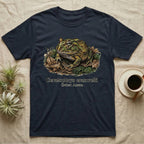 Navy t-shirt with illustration of Ceratophrys cranwelli frog on leaves.