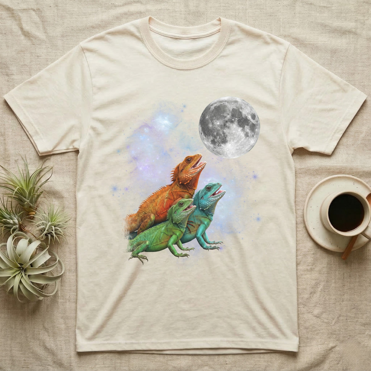 Chinese Water Dragon Moon Howl T-Shirt in Natural — Three Chinese Water Dragon colour morphs howling at a full moon over a nebula on a dark grey t-shirt.