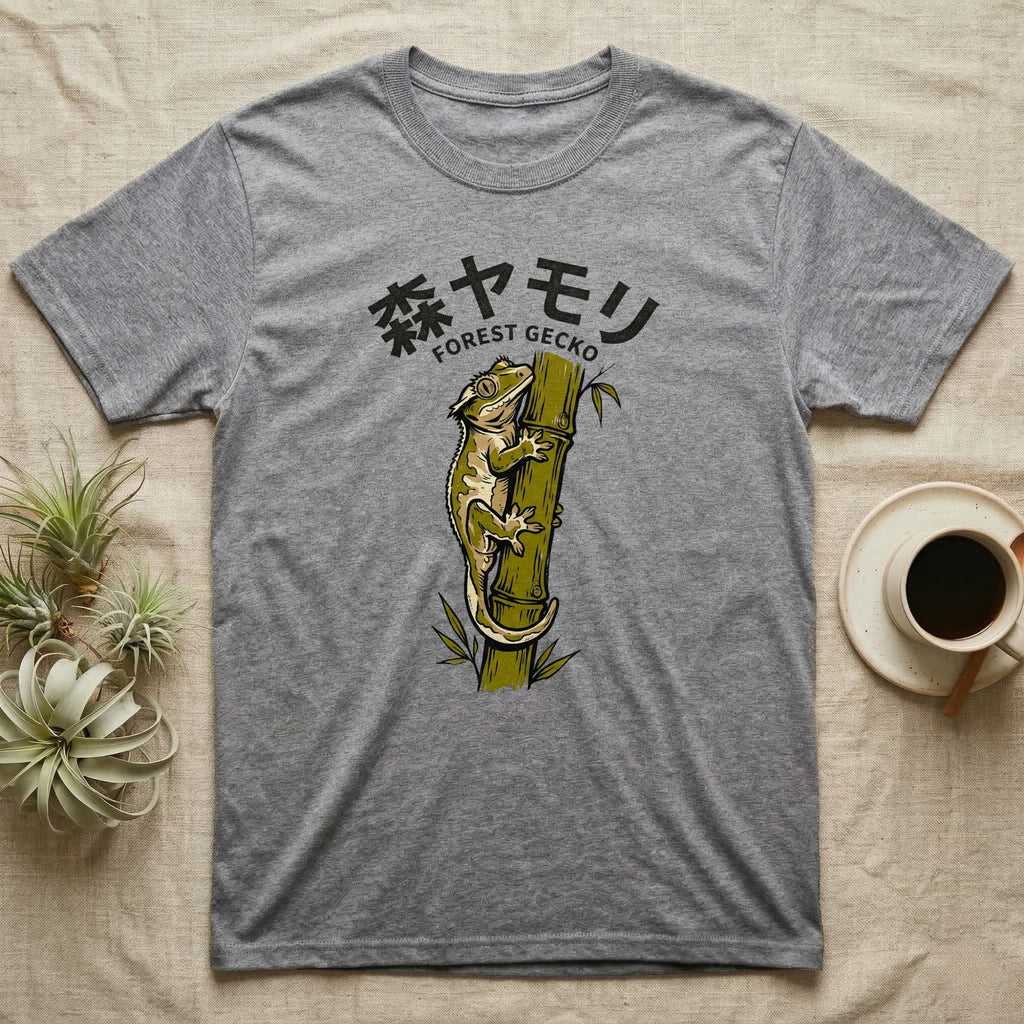Grey t-shirt with Japanese text and a gecko on bamboo graphic.