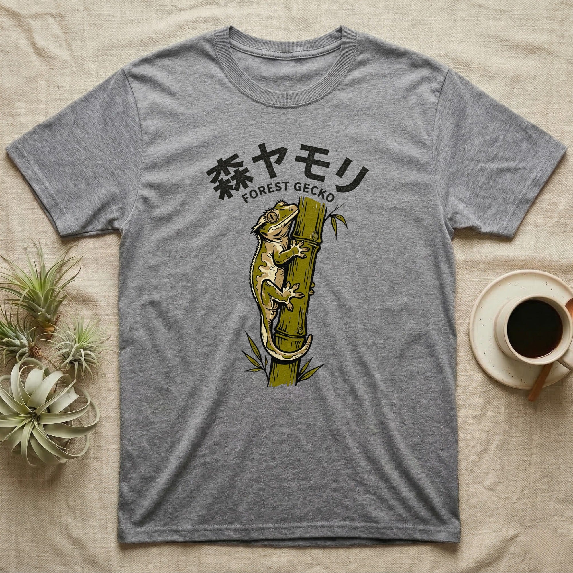 Grey t-shirt with Japanese text and a gecko on bamboo graphic.