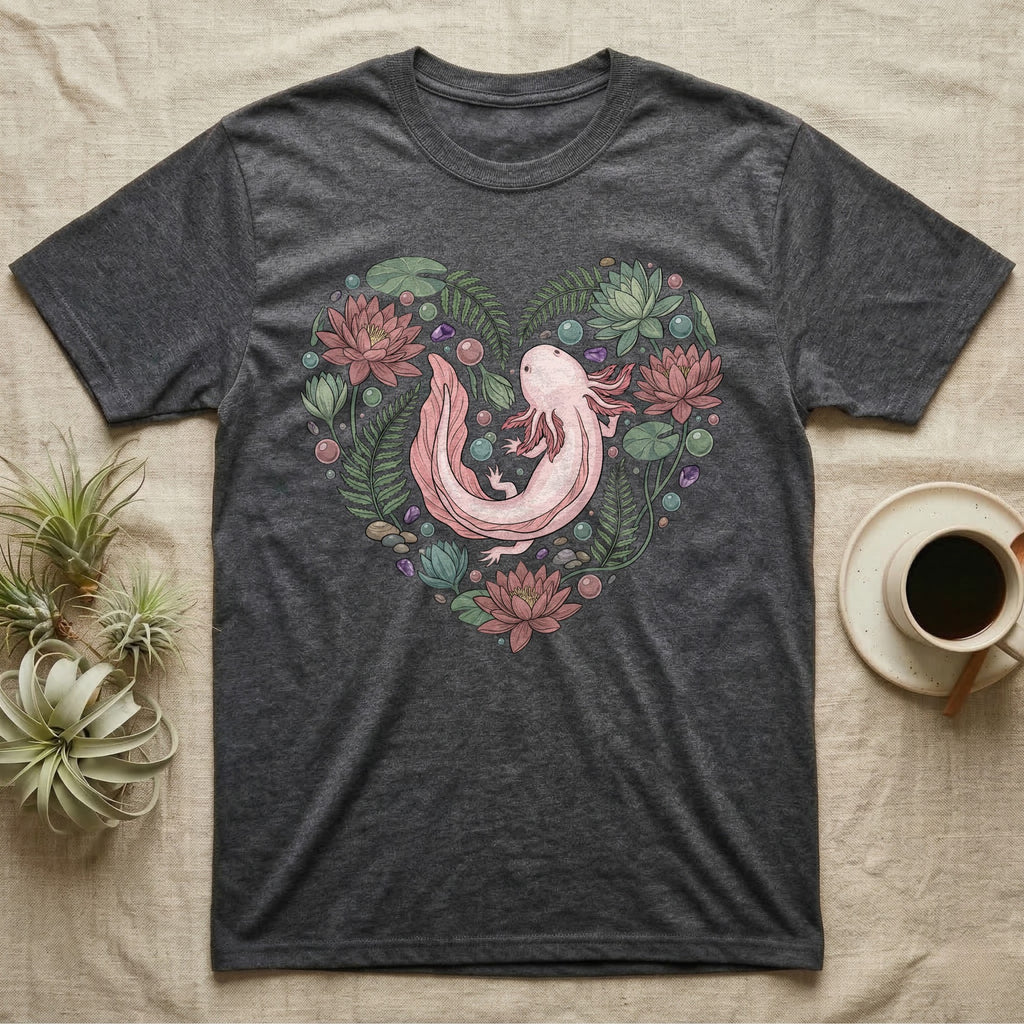 Charcoal t-shirt with pink axolotl and floral heart design.