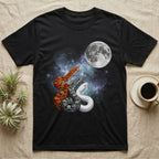 Corn Snake Moon Howl T-Shirt in Black — Three Corn Snake colour morphs howling at a full moon over a nebula on a dark grey t-shirt.