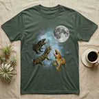 Leachianus Gecko Moon Howl T-Shirt in Military Green — Three Leachianus Gecko colour morphs howling at a full moon over a nebula on a dark grey t-shirt.