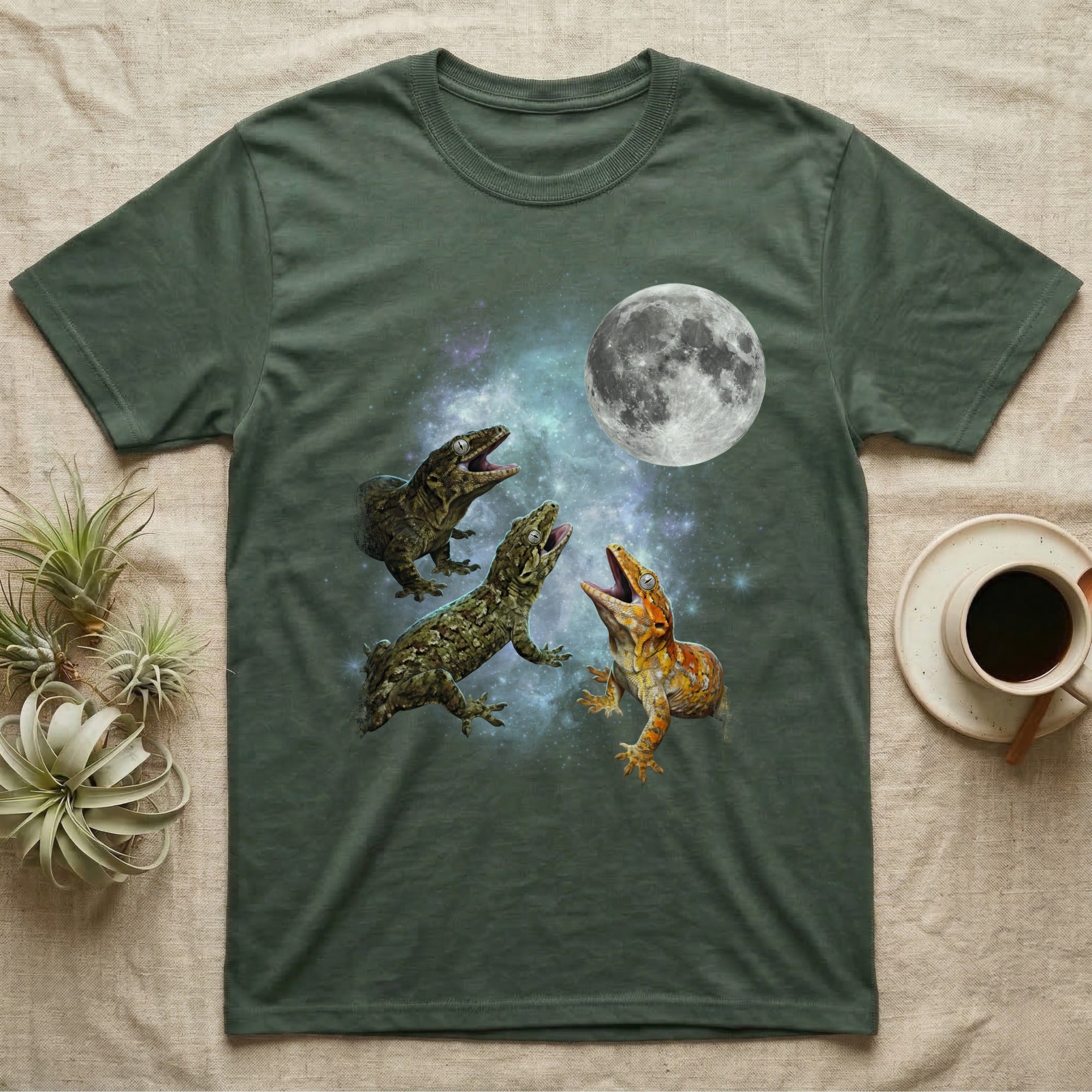 Leachianus Gecko Moon Howl T-Shirt in Military Green — Three Leachianus Gecko colour morphs howling at a full moon over a nebula on a dark grey t-shirt.