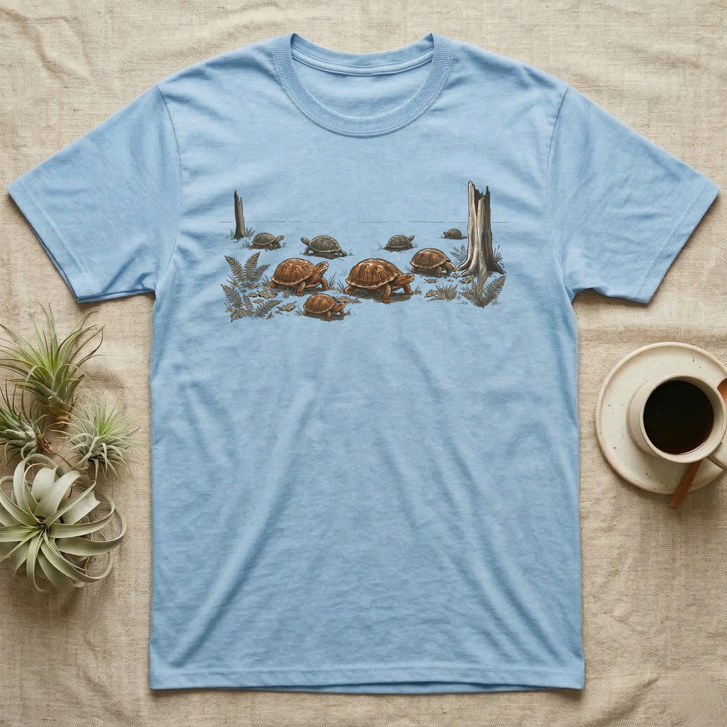 Box Turtle Forest Floor T-Shirt in Light Blue — Sepia ink and wash illustration of eight eastern box turtles crossing open woodland between two deadfall trunks.