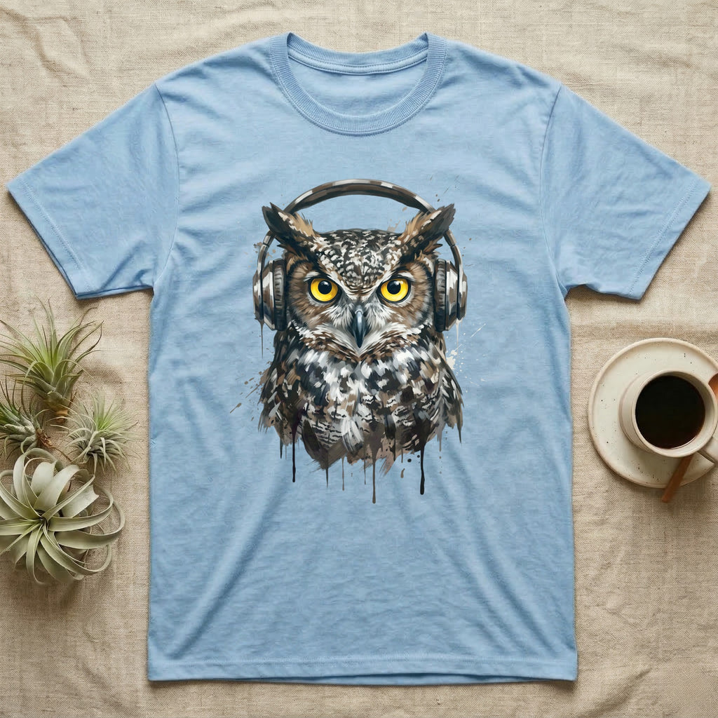 Light blue t-shirt featuring a watercolor owl wearing headphones.