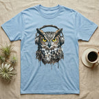 Light blue t-shirt featuring a watercolor owl wearing headphones.