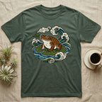 Green t-shirt with a cartoon frog sitting on lily pads with waves and clouds.