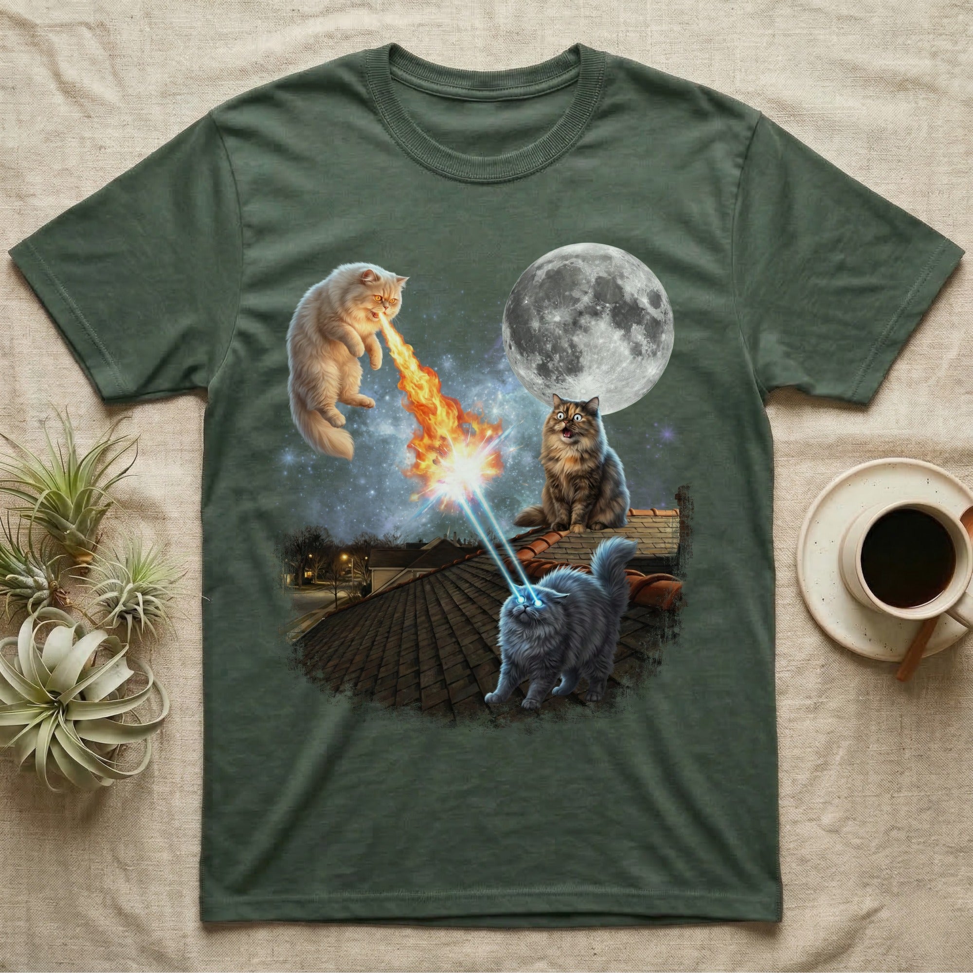 Cats shooting lasers and fireballs at each other with the moon in the background.