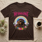 Snapping Turtle Hatchling T-Shirt in Dark Chocolate — Cute baby snapping turtle in a pastel rainbow and flower wreath under a hot pink metal logo reading NOT HANDLEABLE