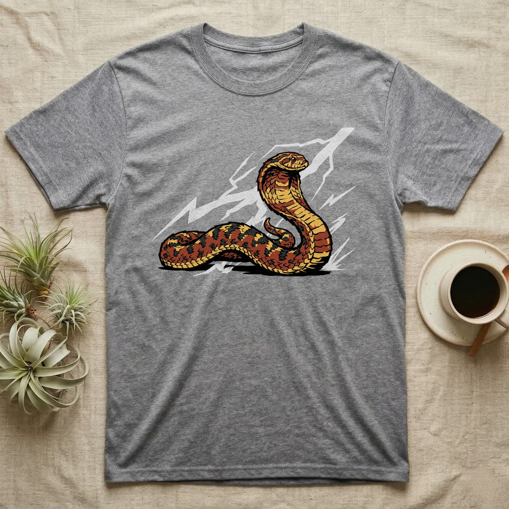 Gray t-shirt with a coiled cobra snake design and lightning bolts.