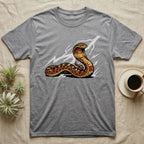 Gray t-shirt with a coiled cobra snake design and lightning bolts.