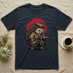 Hedgehog samurai wearing a straw hat and holding a sword and staff.