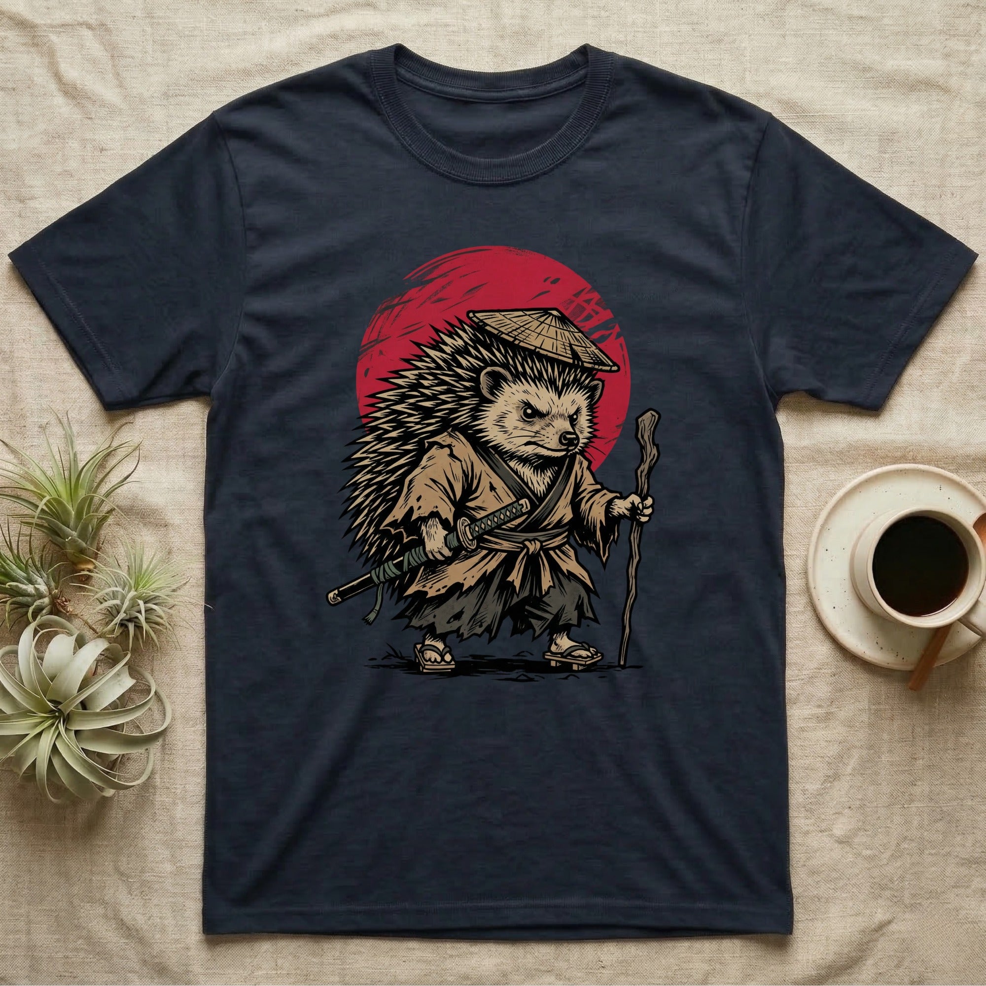 Hedgehog samurai wearing a straw hat and holding a sword and staff.