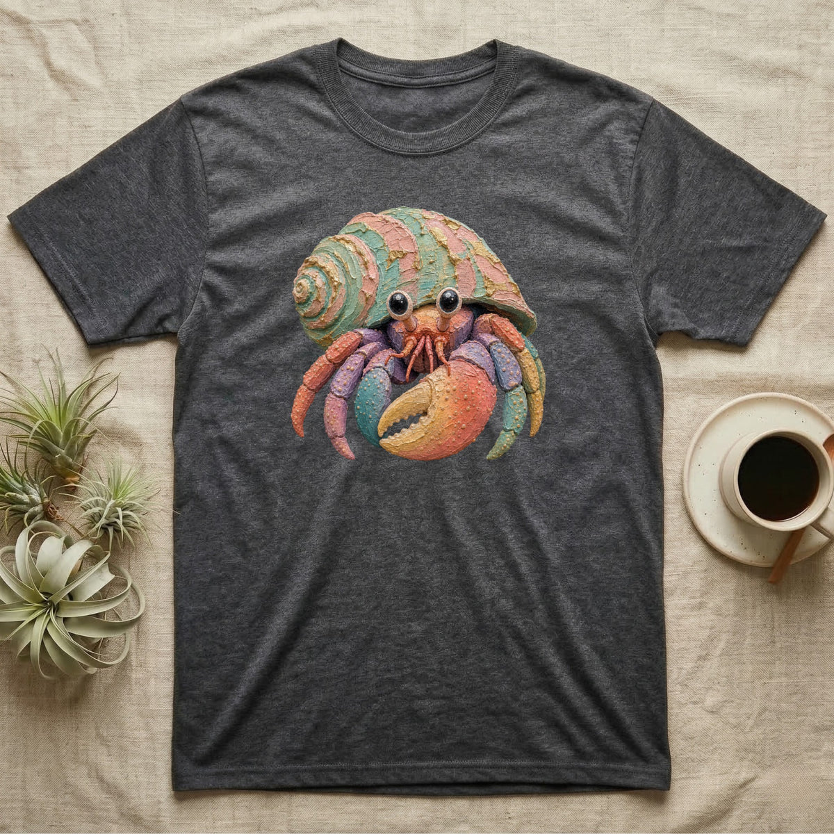 Dark grey t-shirt with a colorful cartoon hermit crab graphic.