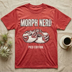 Pied Ball Python Morph T-Shirt in Heather Red — Grunge type "Morph Nerd" with a small pied-morph ball python coiled mid-design and "Pied Edition" caption beneath.