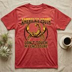 Emperor Scorpion Enclosure Tee in Heather Red — Bold gold and maroon halftone tee of an emperor scorpion with raised pincers, lettering reading AMERICA'S 250TH Don't Touch My Enclosure on black.