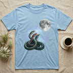 Garter Snake Moon Howl T-Shirt in Light Blue — Three Garter Snake colour morphs howling at a full moon over a nebula on a dark grey t-shirt.