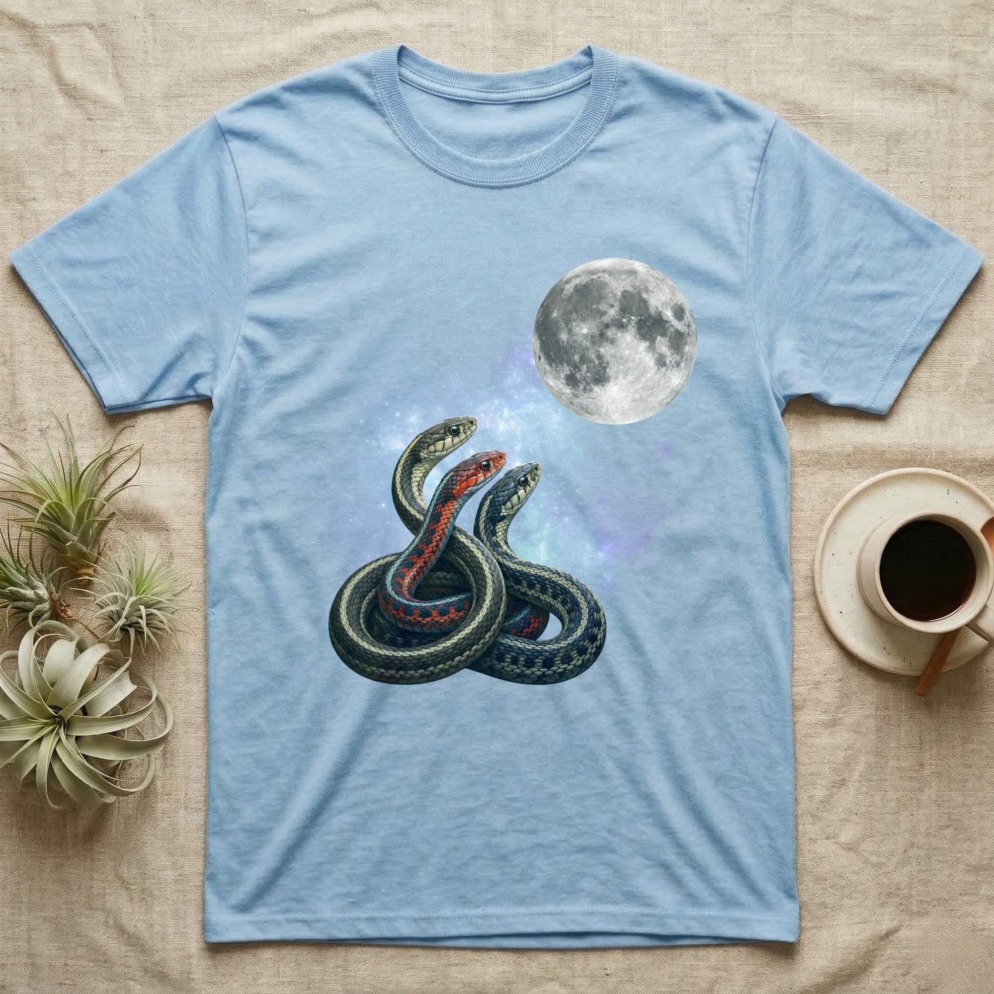 Garter Snake Moon Howl T-Shirt in Light Blue — Three Garter Snake colour morphs howling at a full moon over a nebula on a dark grey t-shirt.