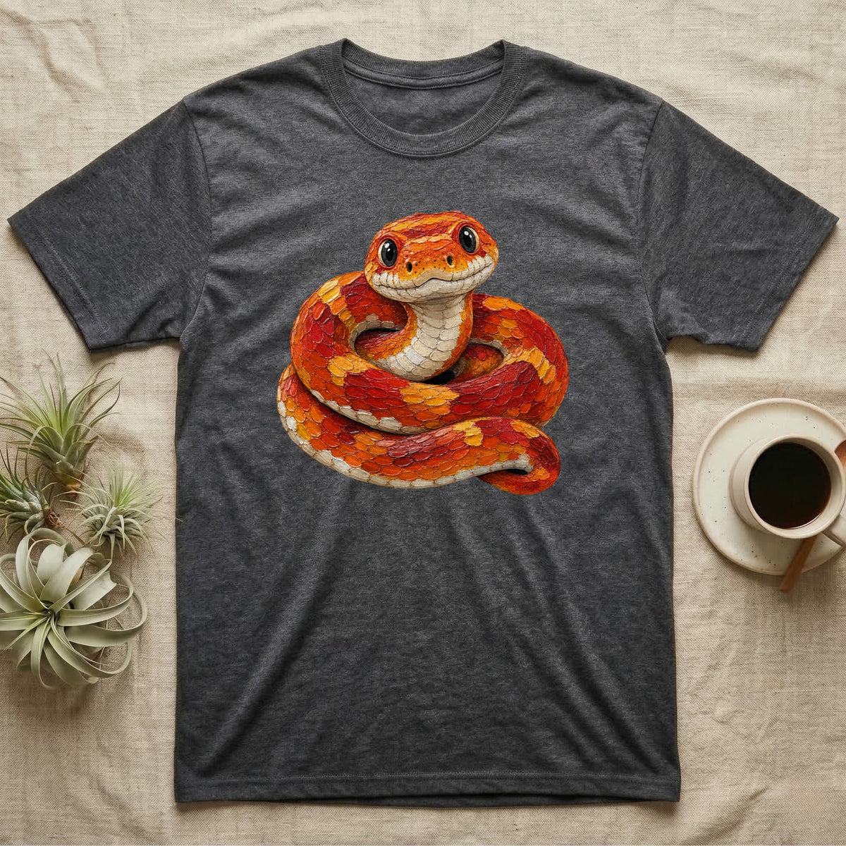 Dark grey t-shirt featuring an illustration of a coiled orange and red corn snake.