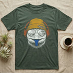 Blue-Tongued Skink Headphones T-Shirt in Military Green — Engraved blue-tongued skink with cobalt tongue out, wearing a beanie and headphones, aviators reflecting the outback.