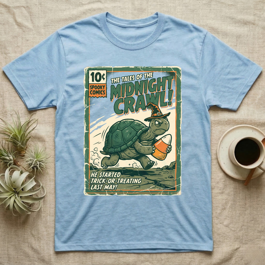 Tortoise Midnight Crawl Vintage T-Shirt in Light Blue — Worn pulp comic cover of a witch-hatted tortoise dashing with a candy pail, "Tales of the Midnight Crawl."