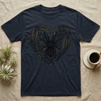 Dark t-shirt with a heart-shaped tarantula and floral design.