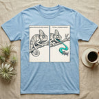 Veiled Chameleon Diet T-Shirt in Light Blue — Two-panel vector illustration of a veiled chameleon, calm on the left and tongue mid-strike on the right.