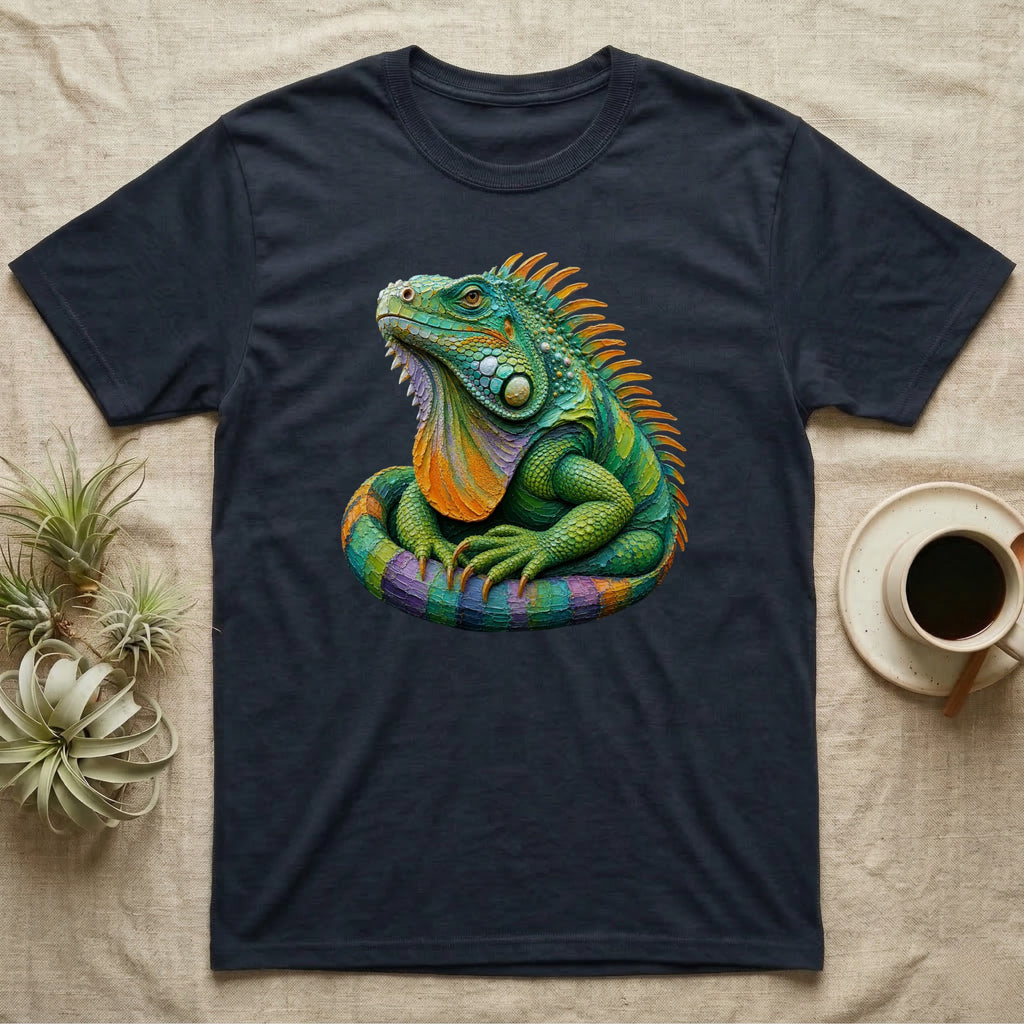 Dark t-shirt with a colorful, detailed iguana graphic on the chest.