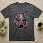 Octopus wearing headphones, colorful abstract paint splatters, dark gray t-shirt.