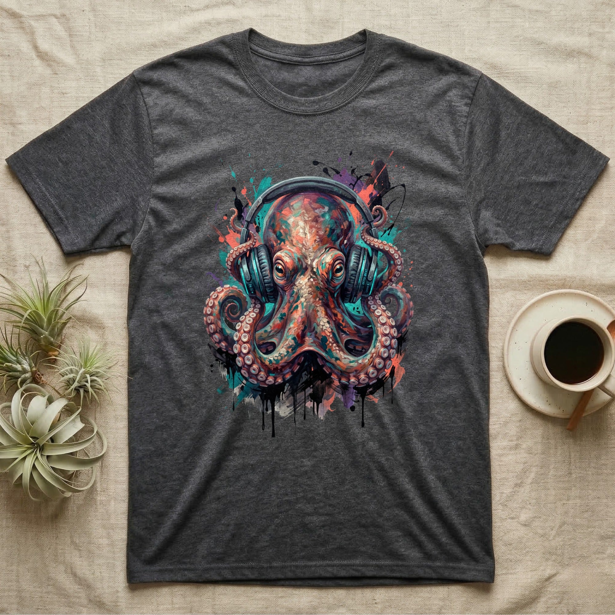 Octopus wearing headphones, colorful abstract paint splatters, dark gray t-shirt.