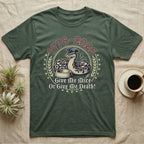 Ball Python 1776 T-Shirt in Military Green — Vintage distressed badge of a ball python in a feeding strike over a food dish, cream and brick-red emblem reading Give Me Mice Or Give Me Death.