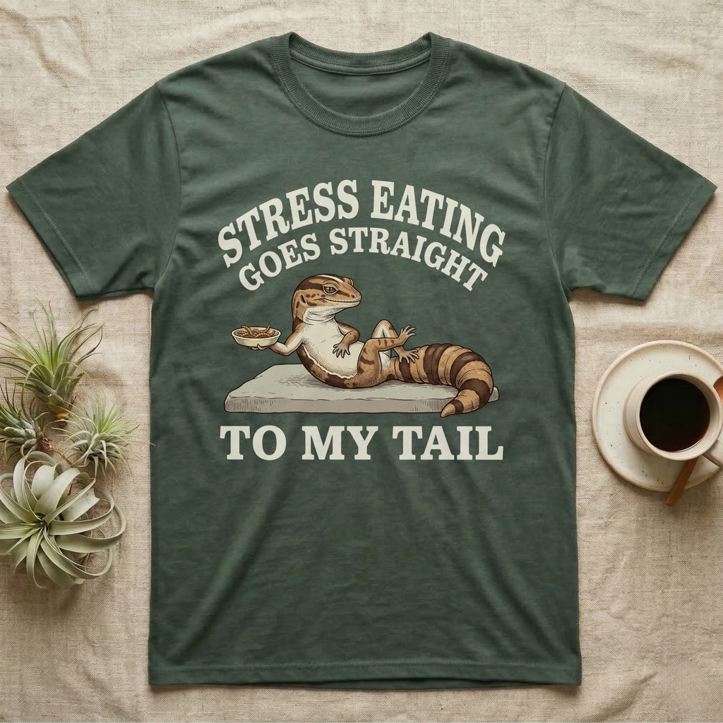 Fat-Tailed Gecko Snacking T-Shirt in Military Green — Engraved fat-tailed gecko lounging on a stone with mealworms under Stress Eating Goes Straight To My Tail