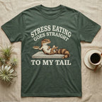 Fat-Tailed Gecko Snacking T-Shirt in Military Green — Engraved fat-tailed gecko lounging on a stone with mealworms under Stress Eating Goes Straight To My Tail