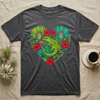 Dark gray t-shirt with a heart-shaped design of a gecko, bamboo, and tropical flowers.