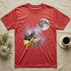 Red-Eared Slider Moon Howl T-Shirt in Heather Red — Three Red-Eared Slider colour morphs howling at a full moon over a nebula on a dark grey t-shirt.