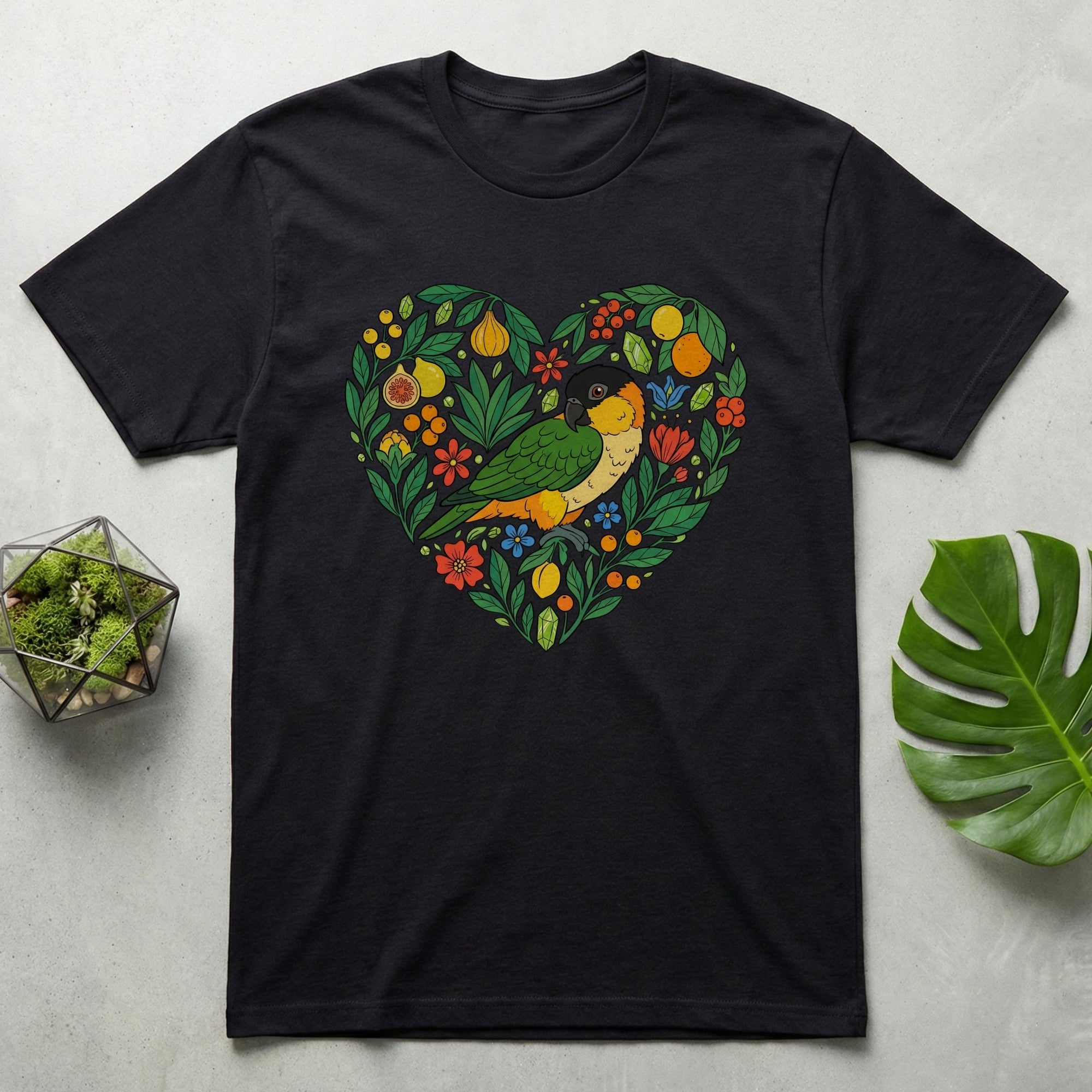 Colorful Parrot and Floral Heart Design T-shirt