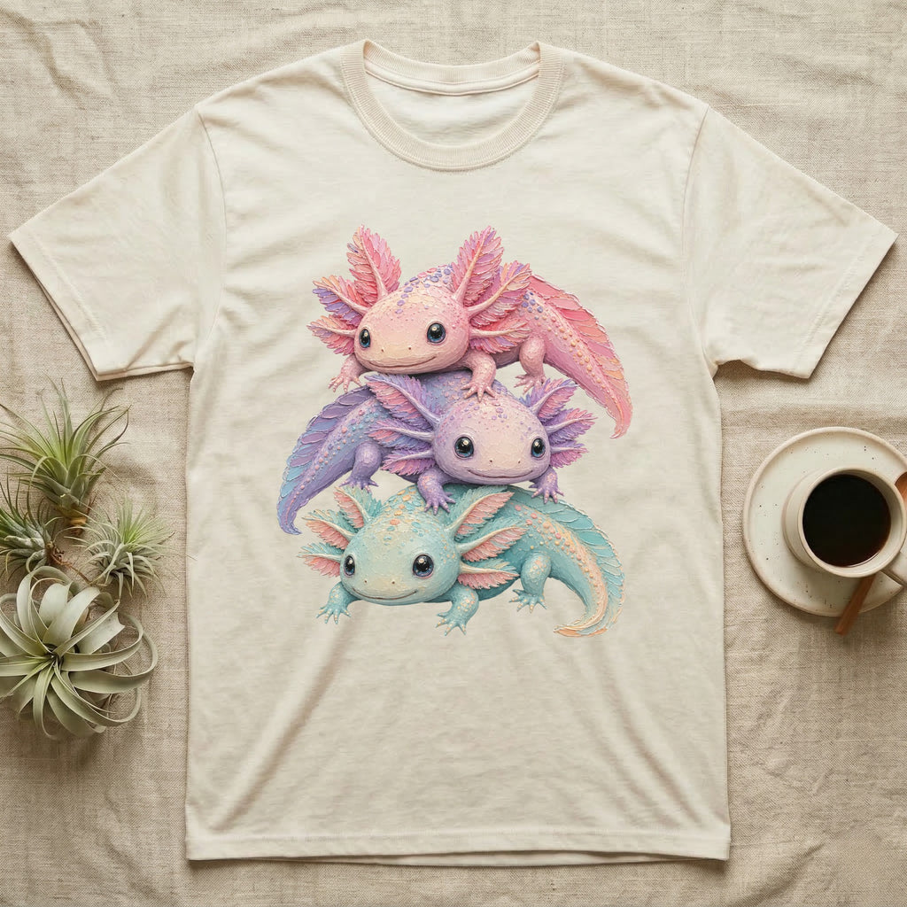 Three colorful axolotls stacked on a light tan t-shirt.
