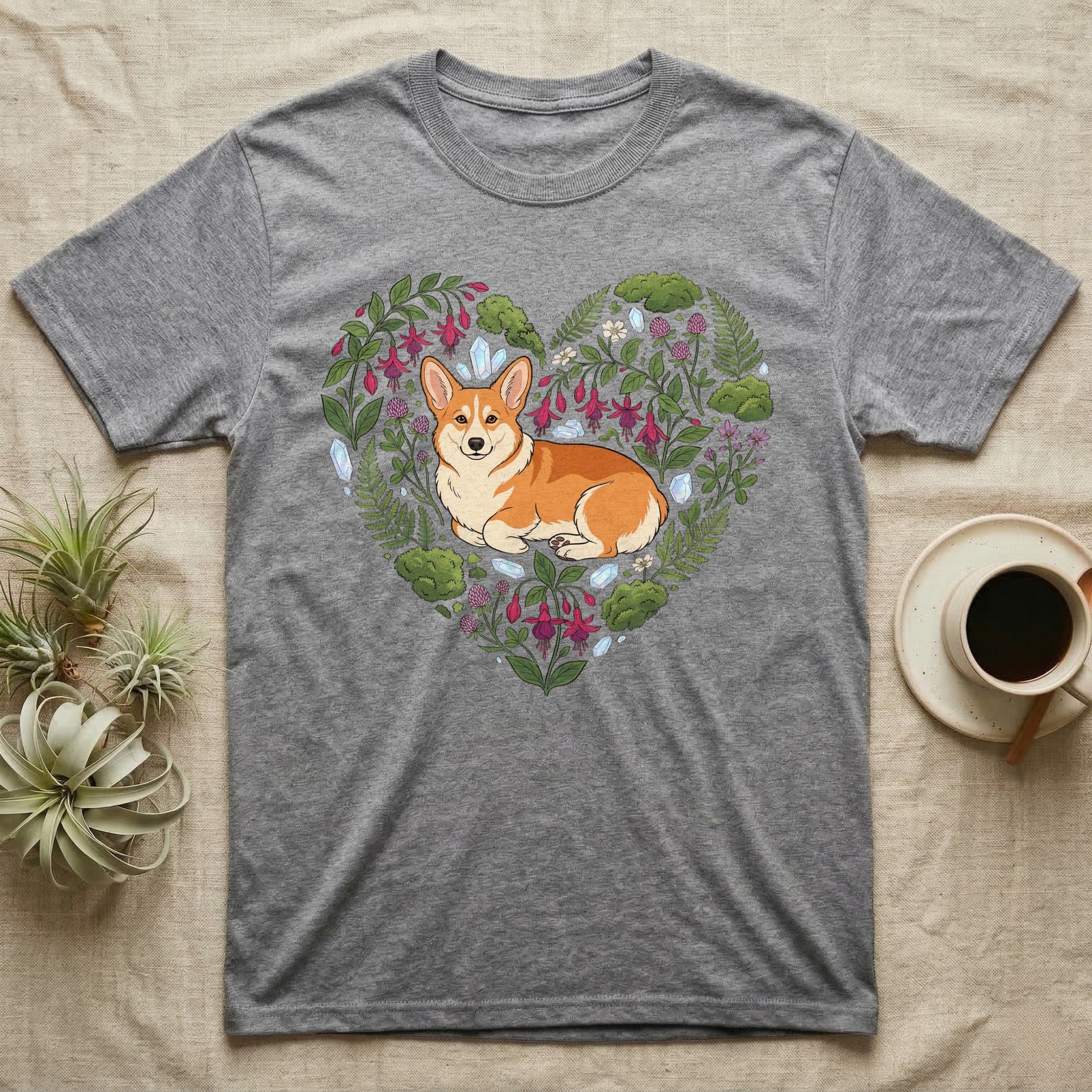 Gray t-shirt with a corgi lying inside a heart-shaped floral arrangement.