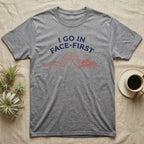 Western Hognose Face-First T-Shirt in Sport Grey — Two-ink worn-stamp print of a western hognose snake digging head-first into a mound of sand beneath arched text reading I GO IN FACE-FIRST.