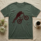 Tree Frog BMX T-Shirt in Military Green — One-ink worn screen print of a White's tree frog riding a BMX bike mid-air, body stretched straight out behind the handlebars.