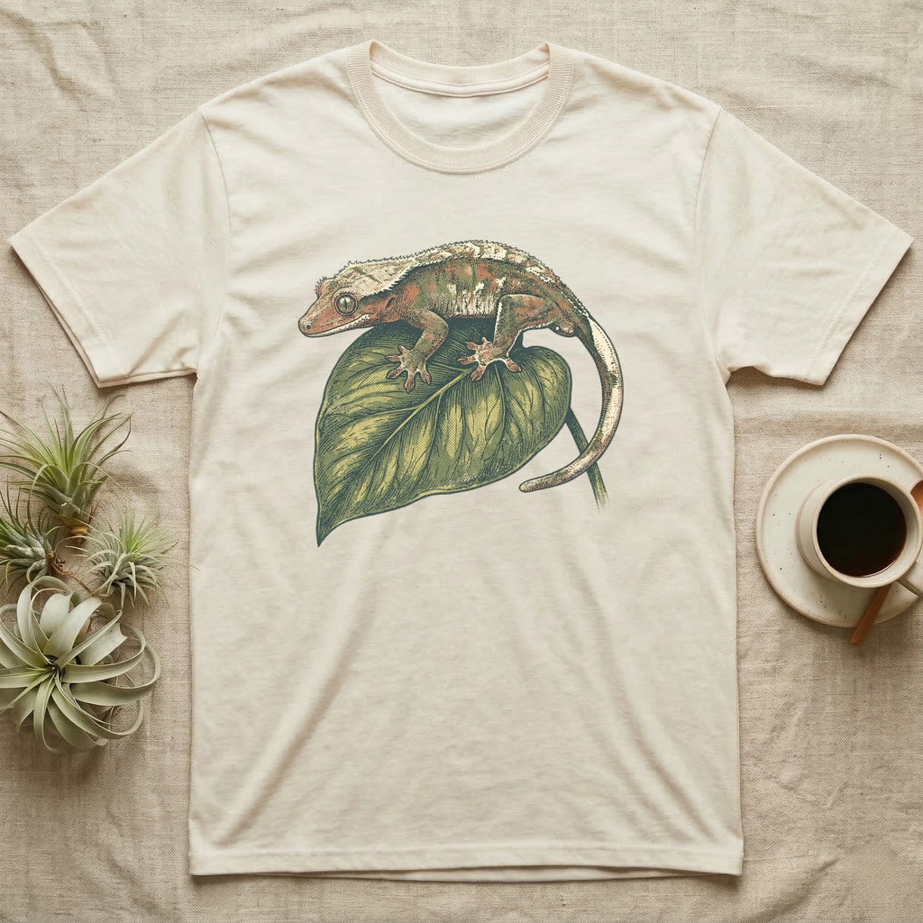 Cream t-shirt with a gecko on a green leaf graphic.