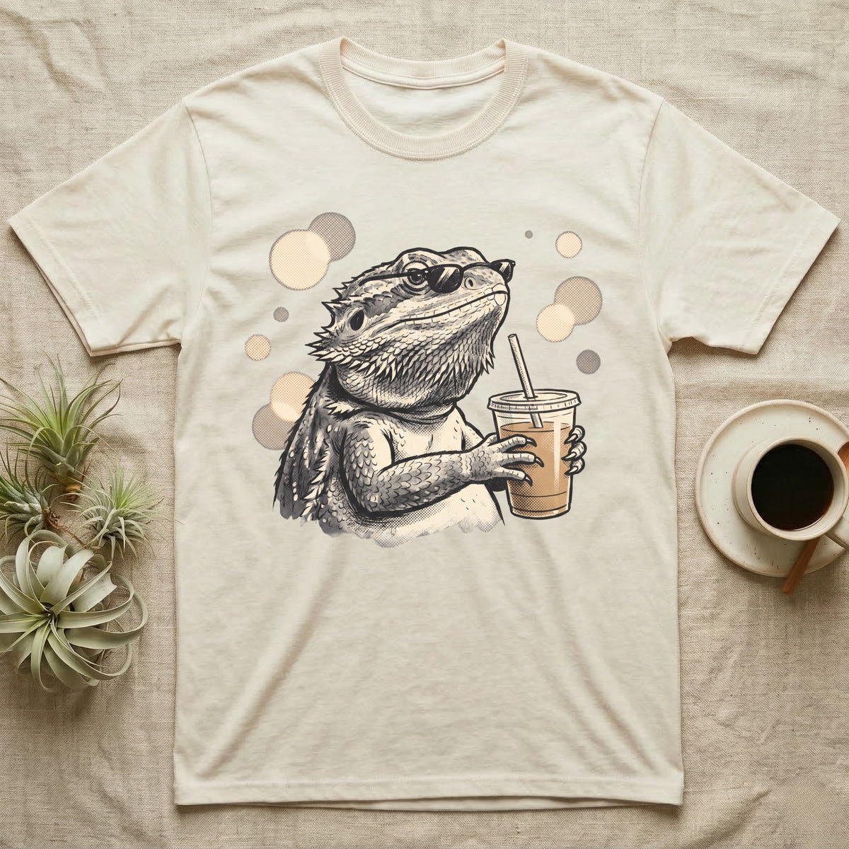 Cold Brew Bearded Dragon T-Shirt in Natural — Flat near-photoreal illustration of a bearded dragon in tiny sunglasses holding a cold brew with warm bokeh.
