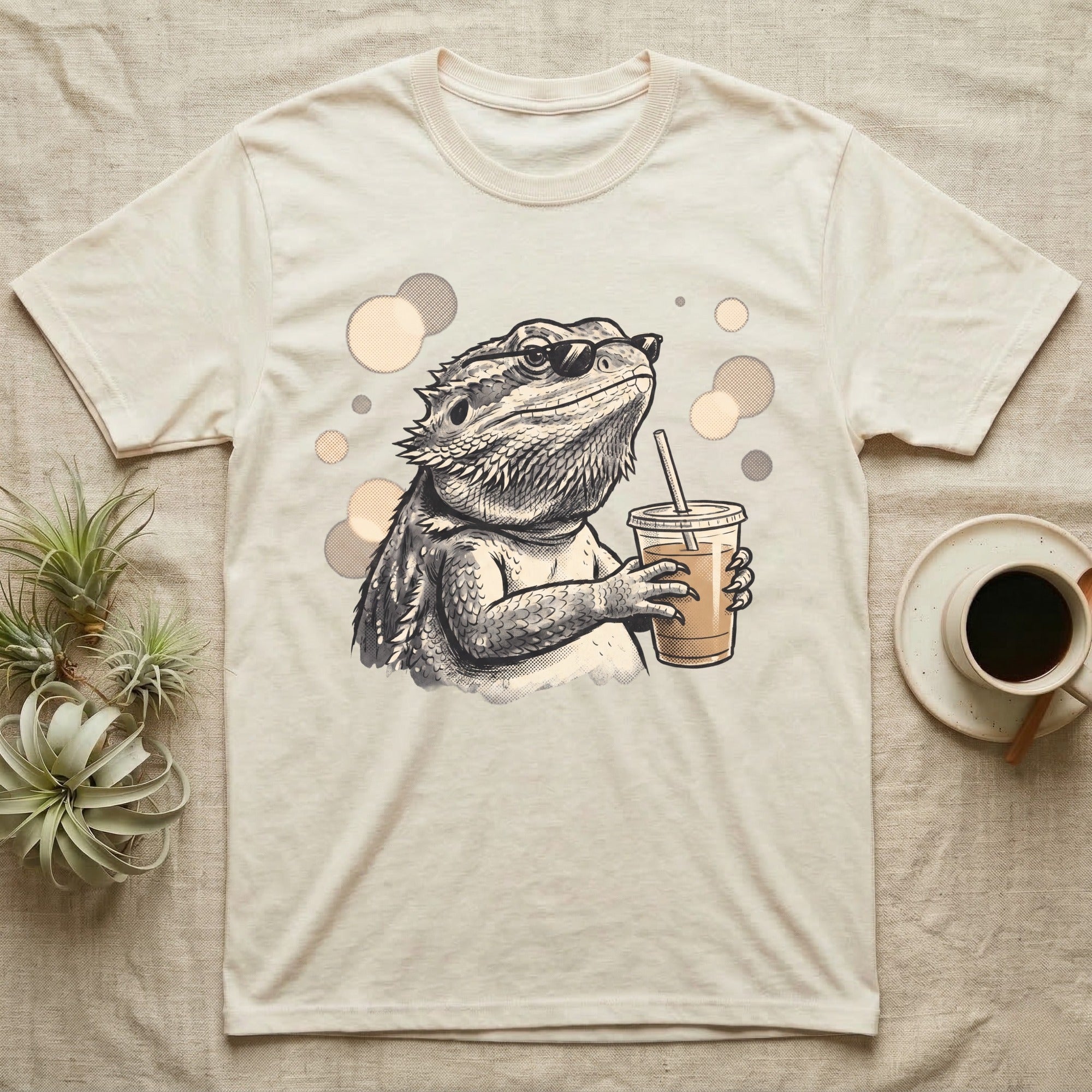 Cold Brew Bearded Dragon T-Shirt in Natural — Flat near-photoreal illustration of a bearded dragon in tiny sunglasses holding a cold brew with warm bokeh.