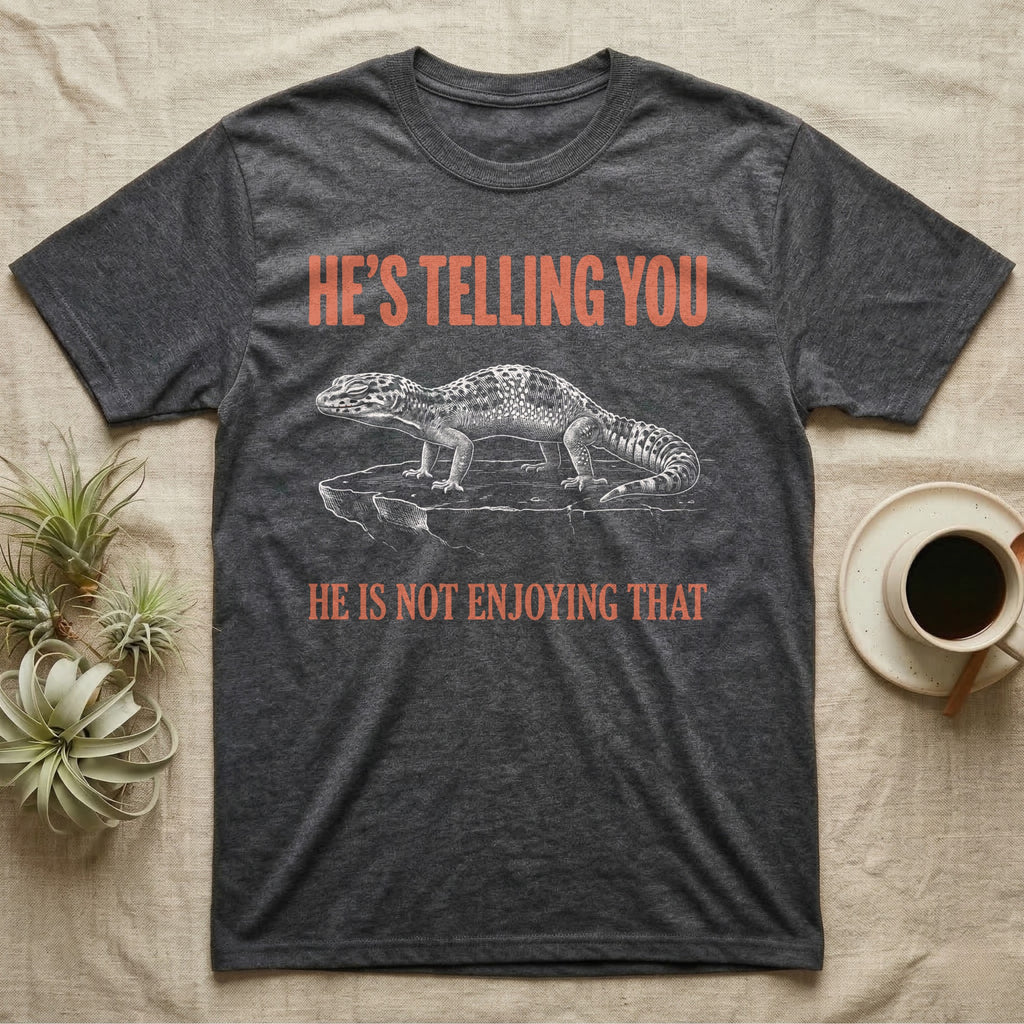 Leopard Gecko Body Language T-Shirt in Dark Heather — Engraved leopard gecko in side profile with an arched back and closed eyes, between two lines of type.