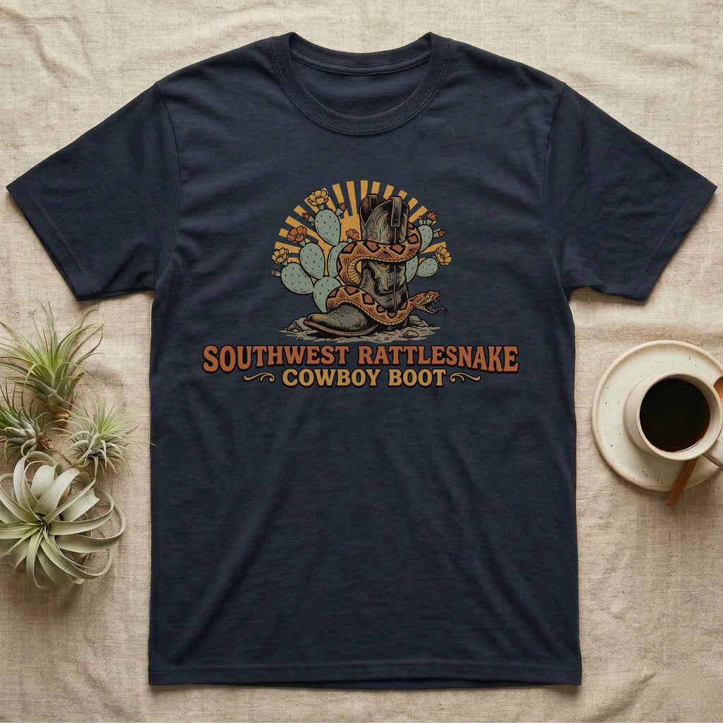 Navy t-shirt with a rattlesnake coiled around a cowboy boot and desert plants.