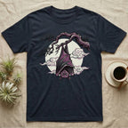 Dark t-shirt featuring a purple bat hanging upside down from a tree branch.