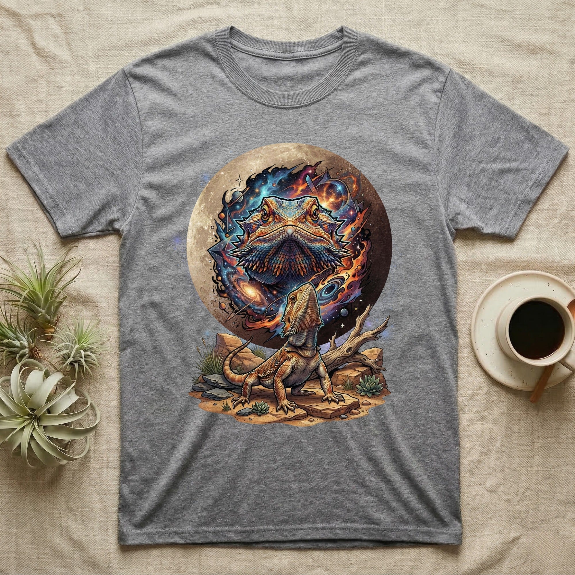 Bearded dragon in desert with full moon and cosmic background.