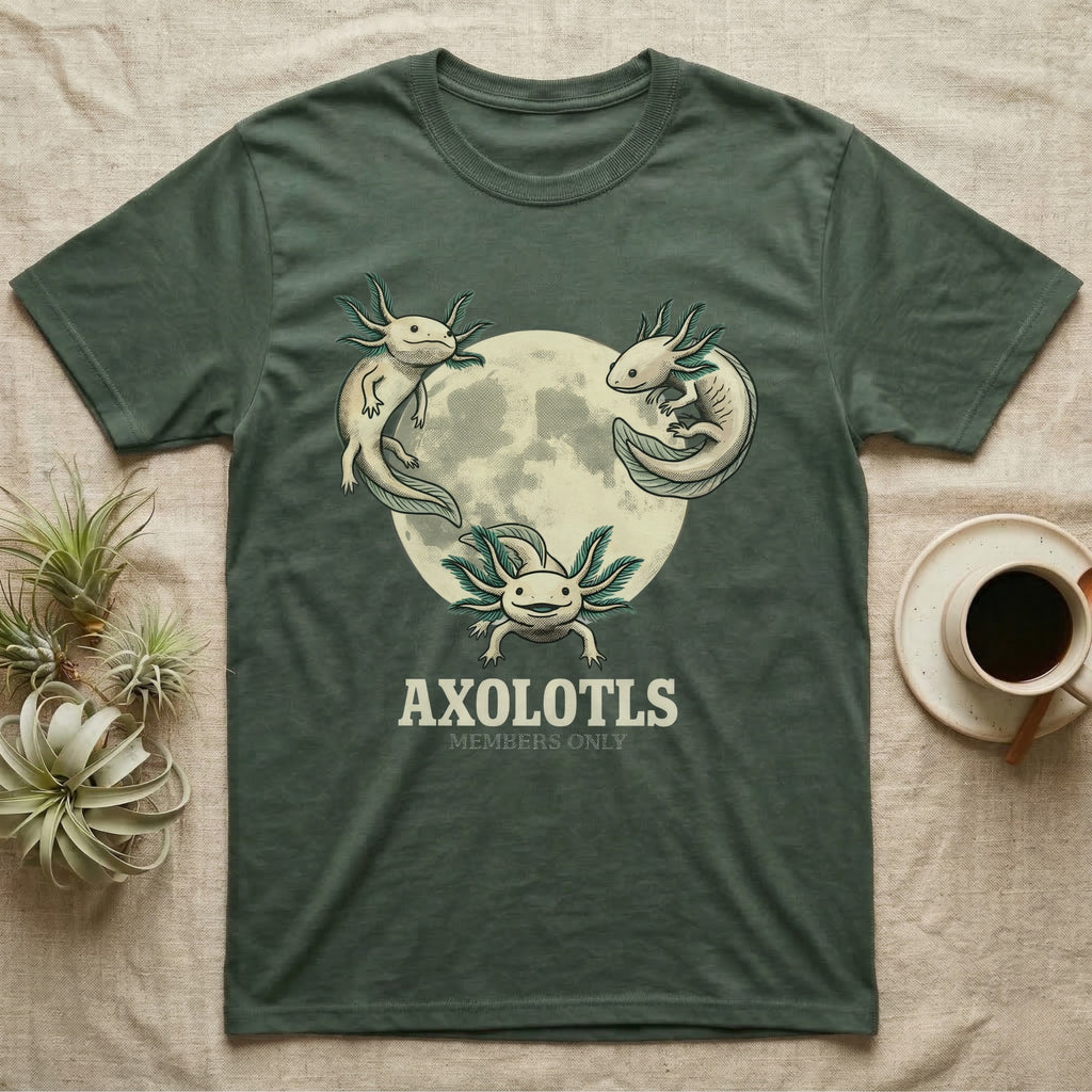Three Axolotl Moon Tee in Military Green — Retro-illustration of three smiling axolotls with feathery gill plumes arranged around a stratified halftone full moon.