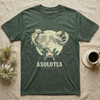 Three Axolotl Moon Tee in Military Green — Retro-illustration of three smiling axolotls with feathery gill plumes arranged around a stratified halftone full moon.